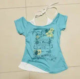 Advbridge Summer Fake Two Pieces Halter Bandage Vintage T-shirts Y2k Aesthetic Slim Crop Tops Women Grunge Print Harajuku Casual Sexy Tee