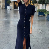 ADVBRIDGE  -  2025 Sexy Polo Neck Knitted Single Breasted Short Sleeve Bodycon Contrasting Maxi Dresses Women's Casual Stylish Streetwear