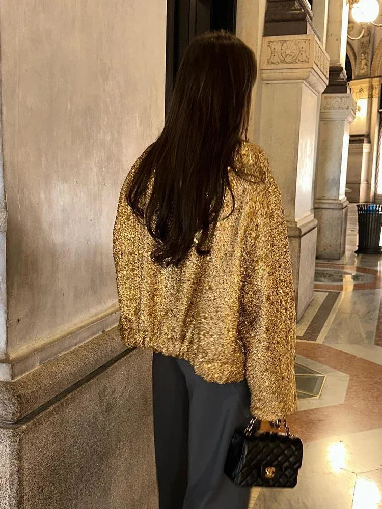 Advbridge Fashion Gold Sequins Bomber Jacket For Women 2025 Chic Stand Collar Long Sleeve Coat Female Winter Autumn Lady Street Outerwear