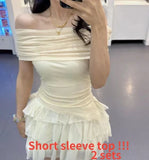 Advbridge Two Pieces Set Slash Neck Solid Pleated Slim Irregular Women T-shirt + Y2k Aesthetic Fashion Chic Sweet Layered Ball Gown Skirts