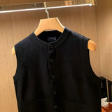 Advbridge Knit Sweater Male with Pockets Men's Clothing Black Round Collar Sleeveless Crewneck Waistcoat Vest Japanese Harajuku Fashion A