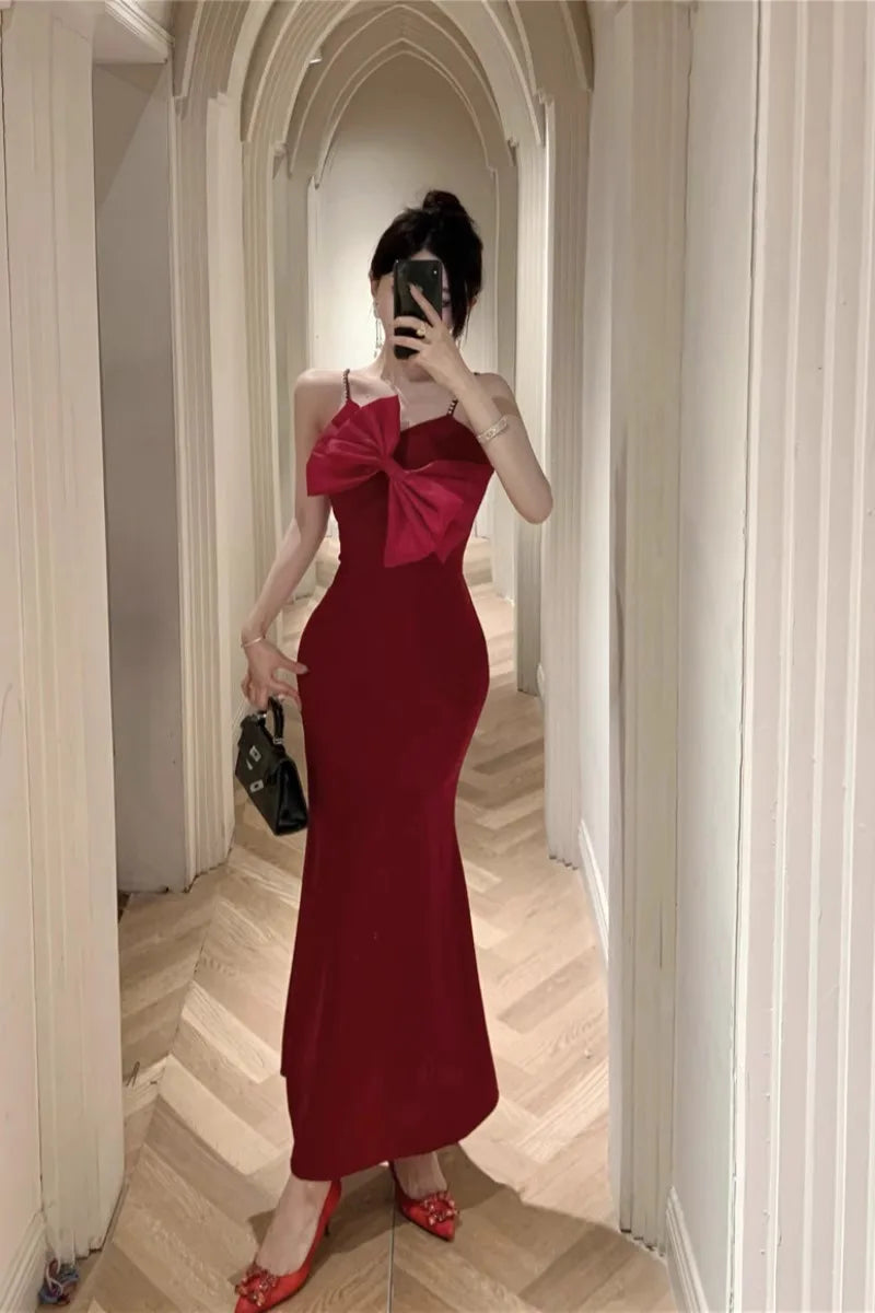 Advbridge -  Korean Sweet Hot Girl Elegant 3D Big Bow Strap Dress Women's Autumn Beading Slim Fit Long Mermaid Dress Fashion Female Clothes