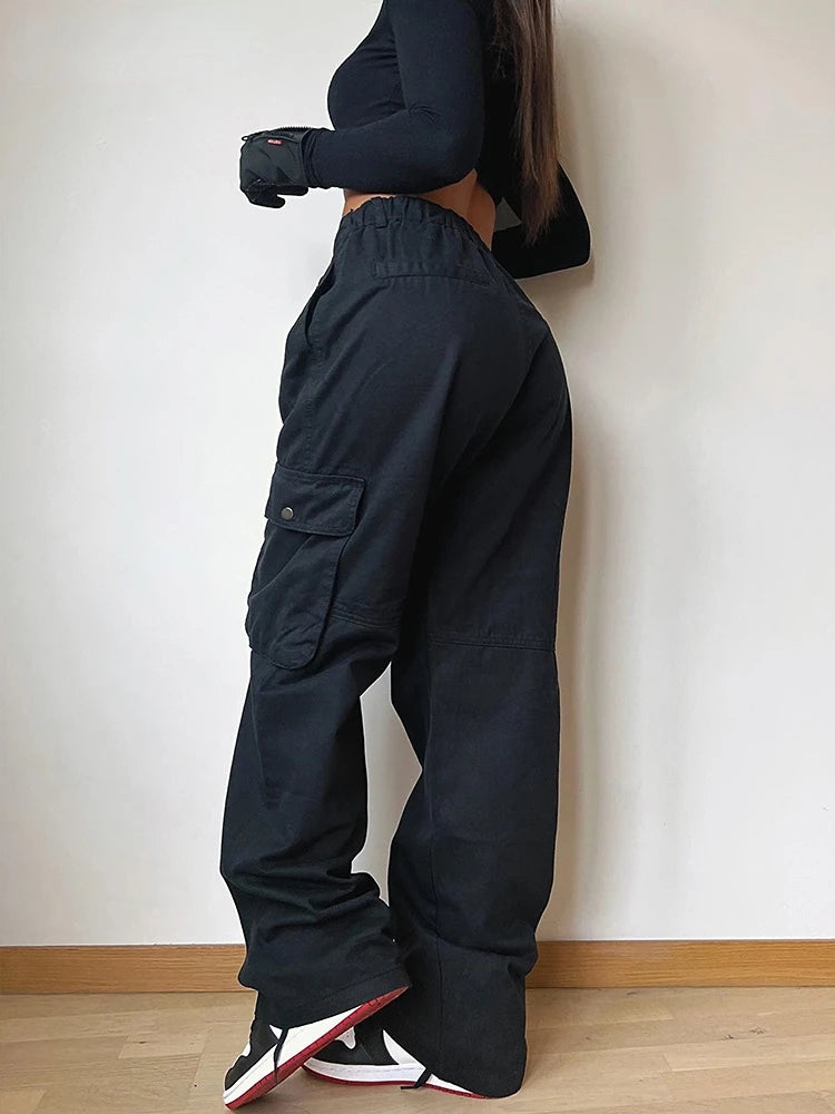 Advbridge Casual Baggy Wide Leg Sweatpants New Woman Zipper Pocket Cargo Pants Solid High Waist Vintage Joggers Trousers Streetwear