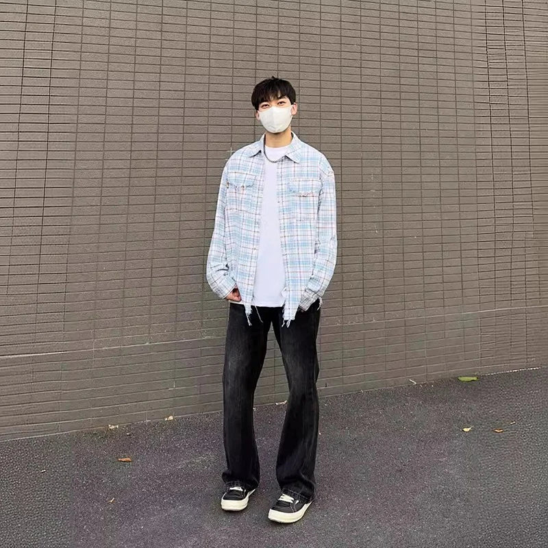 Advbridge Autumn Men's Clothing Luxury Ripped Plaid Shirt Retro Solid Color Button-down Long Sleeve Streetwear Popular Check Clothes