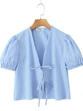 ADVBRIDGE  -  Blue Plaid Shorts 2 Piece Set V Neck Puff Sleeveless Lace-up Crop Blouse+Shorts Simple Casual Fashion Summer Suits For Women New