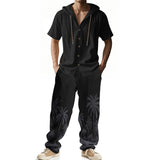 ADVBRIDGE  -  Daily Casual Loose Two Piece Suits Men Summer Fashion Pattern Print Outfits Mens Short Sleeve Hooded Shirts And Pants Loose Sets