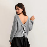 Advbridge Women's Y2K Cute Fall Glitter Sequined Bow Tied Front Loose Fit Sweater Long Sleeve V-Neck Cropped Knitwear Cardigans