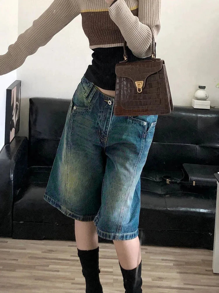 Advbridge Y2K Vintage Denim Shorts Women Baggy High Waist Korean Streetwear Wide Leg Jorts Casual Oversize Washed Summer Jeans