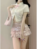 ADVBRIDGE  -  Kawaii Sweet Fashion Suits 2025 Summer Pink Sequined Cake Bow Short Mini Skirts Slim Shirt Top Spice Girl Two-piece Suit