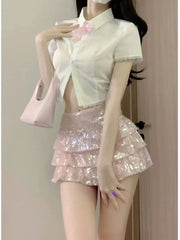 ADVBRIDGE  -  Kawaii Sweet Fashion Suits 2025 Summer Pink Sequined Cake Bow Short Mini Skirts Slim Shirt Top Spice Girl Two-piece Suit