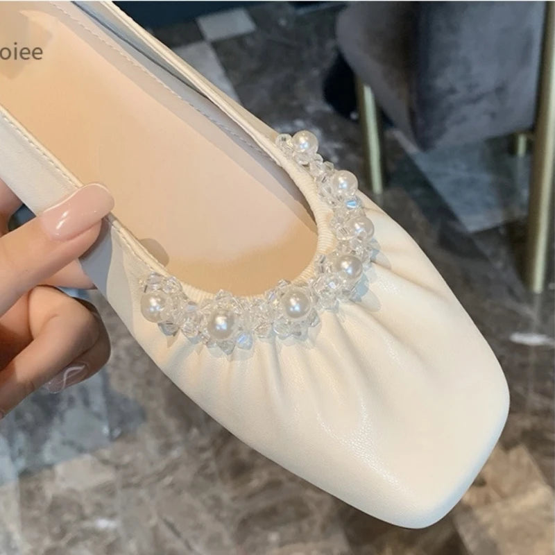 Advbridge Leather French evening style low heel small shoes 2024 spring/summer new soft leather pleated grandma shoes shallow mouth diamon