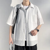 ADVBRIDGE  -  Men's Vertical Stripe Lapel Textured Loose-Fit Short Sleeve Shirt Casual Breathable Top Comfortable Wear, Trendy Summer Style