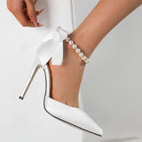 ADVBRIDGE  -  11cm Stiletto Heel White Wedding Shoes Women High Heels Sexy Pointed Toe Ankle Pearl Chain Party Shoes Bow Spring Pumps