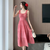 ADVBRIDGE  -  Summer Rose Pink Suspenders Strap Dresses Sweet Women Square Collar Ruffle Cute Backless Sexy Elegant Dress Female Casual