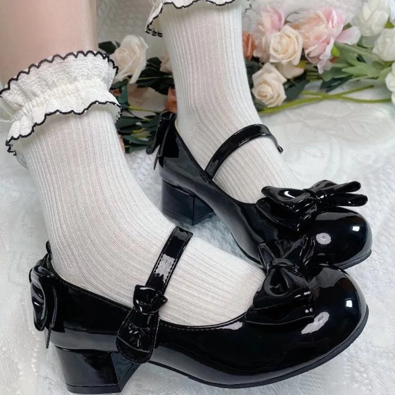 Advbridge Lolita Style Cute Round Head Mary Jane Pumps With Bow Women's Sweet Party Dress Midi Heels Shoes Fashion PU Sandals