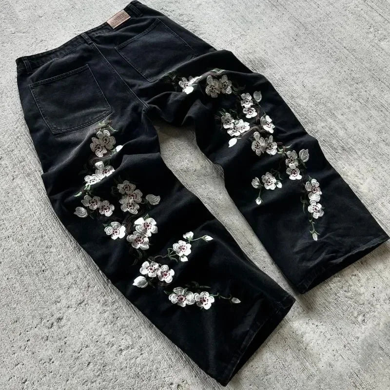 Advbridge Y2K Hip Hop Harajuku Retro Sakura Embroidered High Quality Jeans Streetwear Hip Hop Goth Men's and Women's Wide Leg Jeans