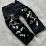 Advbridge Y2K Hip Hop Harajuku Retro Sakura Embroidered High Quality Jeans Streetwear Hip Hop Goth Men's and Women's Wide Leg Jeans