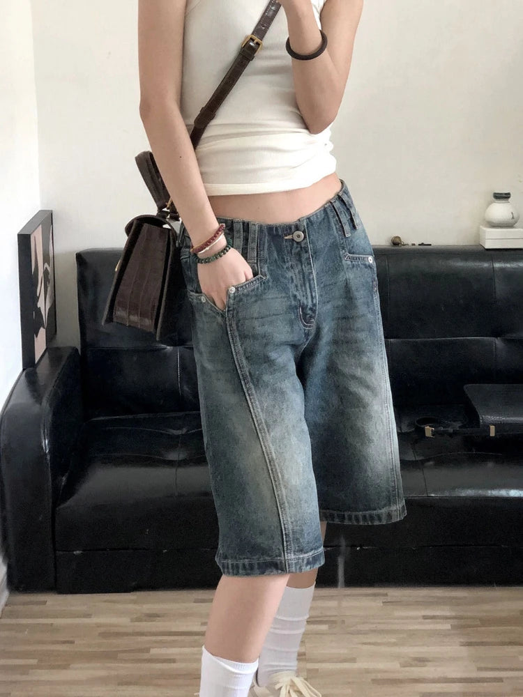 Advbridge Y2K Vintage Denim Shorts Women Baggy High Waist Korean Streetwear Wide Leg Jorts Casual Oversize Washed Summer Jeans