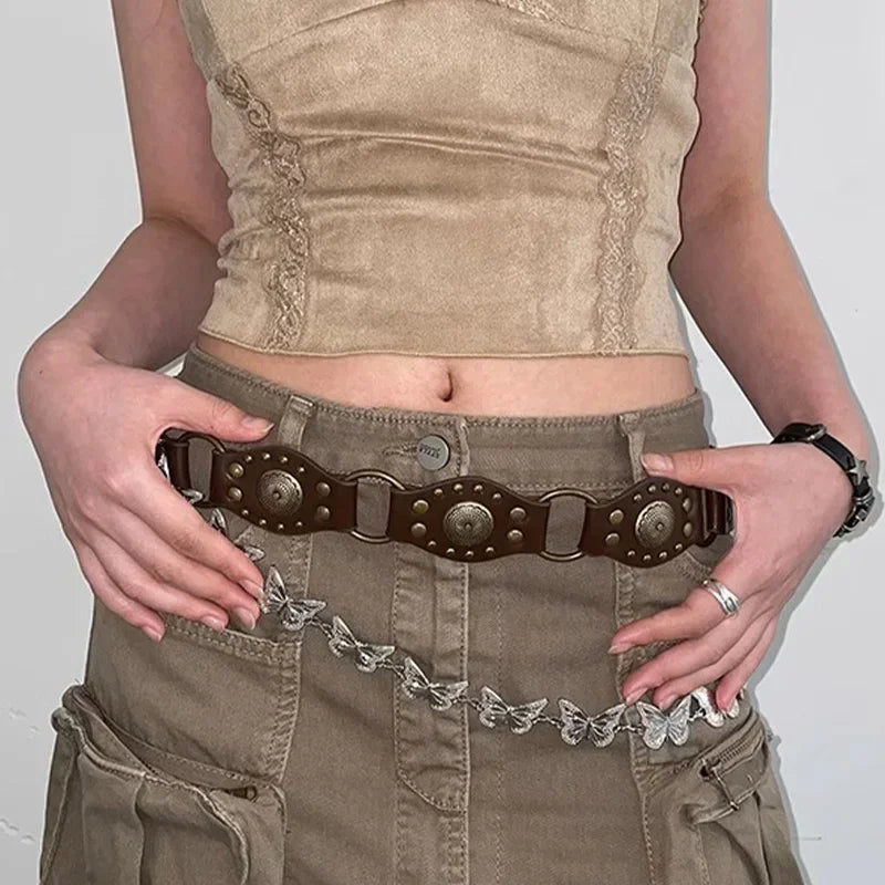 Advbridge Vintage Circle Splicing Belts Cowboy Hollow PU Girdle Rivet Punk Metal Buckle Spice Girls Skirt Decoration Heavy Duty Wide Belt