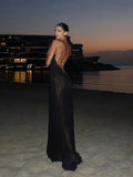 ADVBRIDGE  -  Elegant Black See Through Maxi Dress Chic Hollow Out V Neck Patchwork Off Shoulder Vestidos New Lady Summer Party Club Gown 2025