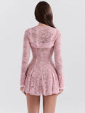 Advbridge Lace Flare Long Sleeve Sexy Mini Dress For Women Robe Autumn New Pink O Neck A-line High Waist Pleated Dress Elegant