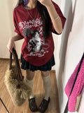 Advbridge Kawaii Cat Printed Red T-shirts Women Harajuku Oversized Punk Style Tops Cute Graphic Short Sleeve Tees Cotton Casual