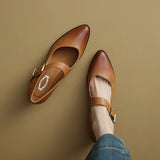 Advbridge NEW Spring/Fall Women Pumps Genuine Leather Shoes for Women Pointed Toe Chunky Shoes Mid-Heel Mary Janes Retro Belt Buckle Shoes