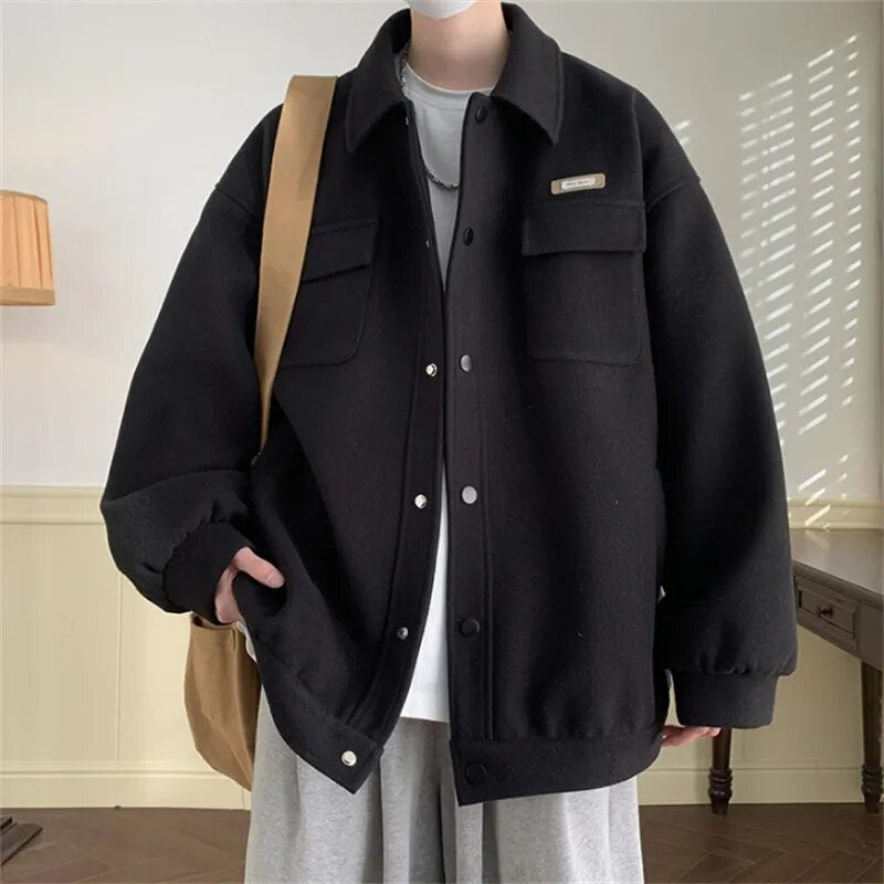 Advbridge Spring Fashion Men's Woolen Coats Black Turn Down Collars Pocket Jacket Tops Single Breasted Jackets Men