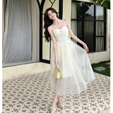 ADVBRIDGE  -  Women's Spaghetti Strap Dresses for Sweet Lace Strapless Sexy Mesh Vestidos Elegant Apricot Summer French Style Fairy Dress