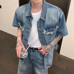 Summer New Y2k Streetwear Retro Old Shirt Men Tide Short Sleeved Denim Shirts Loose Lapel Pockets Design Wearproof Leisure Tops