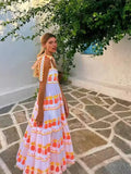 ADVBRIDGE  -  Halter Lace Up Print Dress Cake Contrast Color Pleated Layered Suspender Baggy Women Beach Strap Long Dresses Fuffy Robes Summer