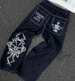 Advbridge Y2K Fashion New Hiphop Skull Graphic Embroidery Blue Retro Jeans Streetwear Men And Women Popular Harajuku Gothic Wide-leg Pants