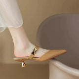 Advbridge Size 35-42 Women Kitten Heels Mules Golden Rivet Pointed Toe Summer Sandals Fashion Beige Ladies Casual Med Heels Shoes