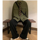 Advbridge Autumn Green Black Shirt Men Fashion Social Mens Dress Shirt Korean Loose Long Sleeve Shirts Mens Pocket Tooling Shirt M-3XL
