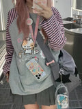 Advbridge Y2k Harajuku Kawaii Striped Hoodie Women Japanese Fashion Patchwork Cartoon Print Sweatshirt Female Autumn