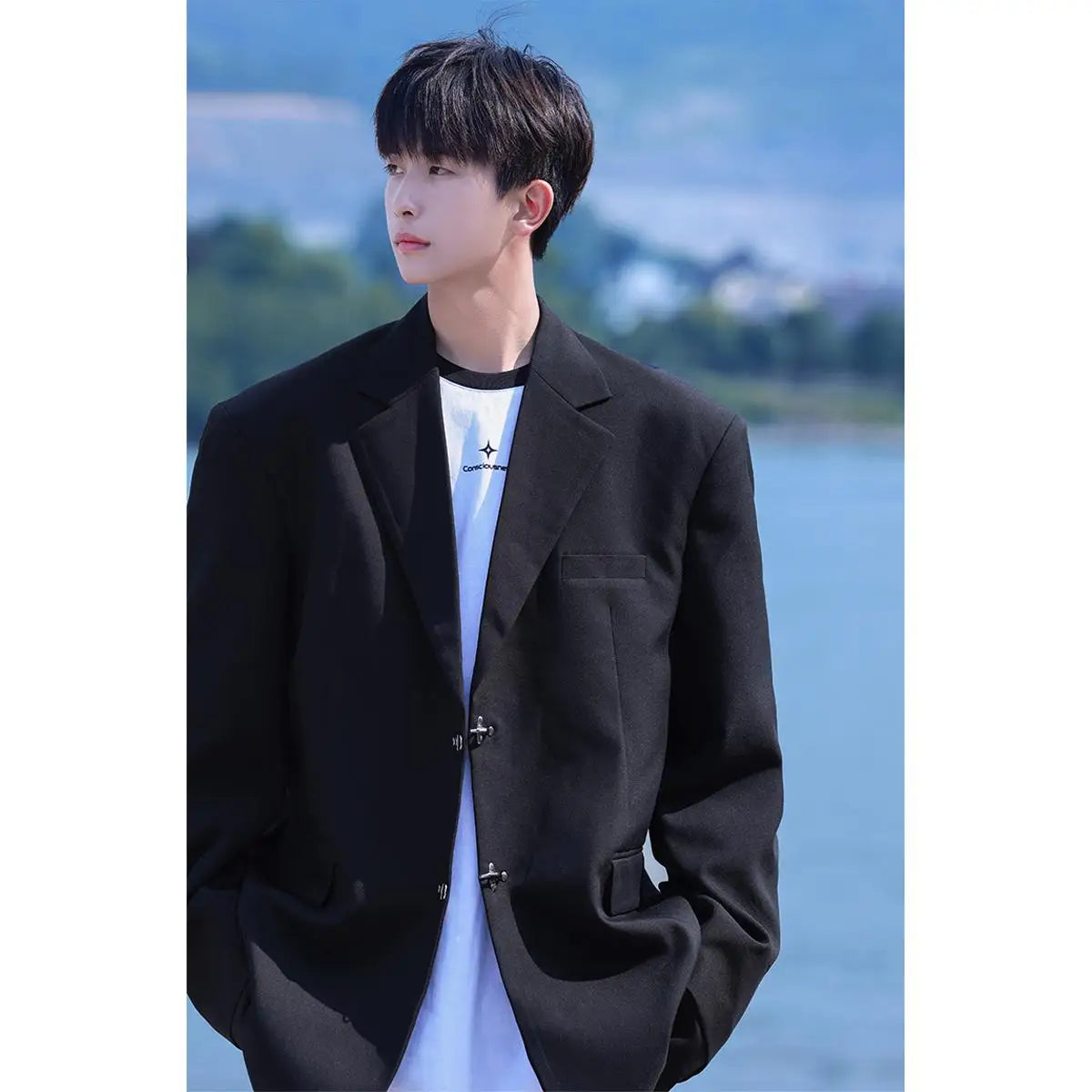 Advbridge Spring New Men Blazers Leisure Loose Suit Coat Men Metal Decoration Solid Color Blazer Jacket Fashion Black Suit Top Clothes