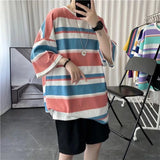 Advbridge Summer Loose Casual Oversized Men's Clothing Hong Kong Breeze Striped Printed Short Sleeve Round Neck Trend All-match T-shirt