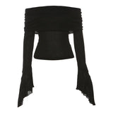 Advbridge Y2k Aesthetic Women Translucence Tee Shirts Slash Neck Long Sleeve Solid Casual T-Shirts Vintage Off Shoulder Sexy Cute Tshirts