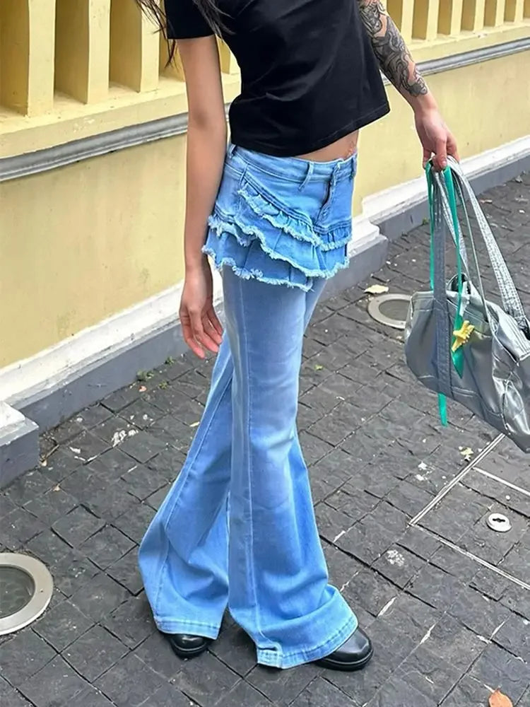 ADVBRIDGE  -  Y2K American Casual Washed Spliced Women Jeans New Fashion 2000s High-waisted Jeans Hip-hop Slim Micro-flared Wide-leg Trousers