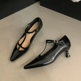 Advbridge New Retro Style Pumps Shallow Mouth Single Shoe Pointed Thin Heel Buckle Mary Jane Shoes