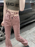 Advbridge  -  Women's Lace Up Design Vintage Plaid Pattern Casual Pants Fashion Girls Female High Waisted Skinny Straight Thin Trousers