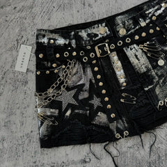 Advbridge Y2K New Gothic Retro Black Denim Skirt Harajuku Star Graphic Rhinestone Rivet Mini Skirt Sexy Hot Girl Slim Low Waist Hip Skirts