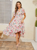 Advbridge Sexy V Neck Beach Dress Woman Bodycon Short Sleeve Maxi Dress Elegant Pleated Pink Floral Long Summer Dresses For Women 2024