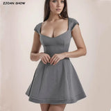 Advbridge Retro French Gray V Low Chest Bodycoon Corset style Mini Dress Women Cross Lacing up Back Short Sleeve A-line Party Robe Summer