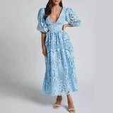 ADVBRIDGE  -  Women Sexy Pleated A-Line Dress Embroidery Retro Puff Short Sleeve Party Dress Temperament V Neck Waist Hollow Lace Long Dress