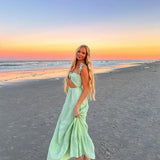 ADVBRIDGE  -  Casual Solid Hollow Out Long Dress Elegant Lace Up Pleated Backless Off Shhoulder Robes New Women's Summer Vacation Beach Gowns