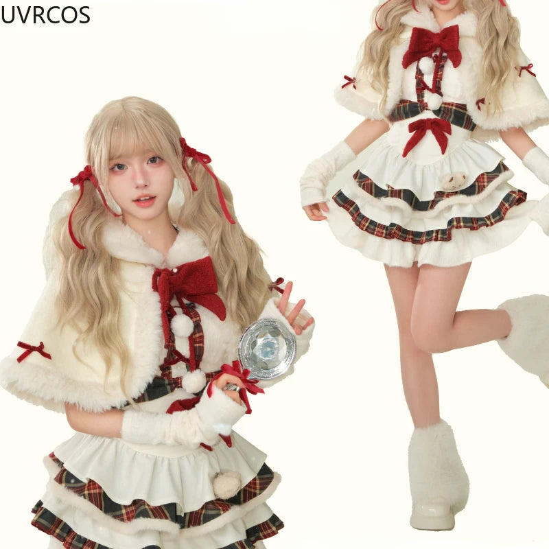 Advbridge Winter Kawaii Lolita Dress Sets Women Bow Hooded Shawl Short Jackets Plaid Patchwork Mini Dresses Korean Christmas New Year Suit