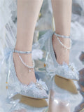 French Lolita Elegant Palaca Girl Shoes Noble Gentle Tea Party Lace Bowknot Pearls Gems Wedding Pointed Sandals 8cm High Heeled