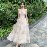 ADVBRIDGE  -  French Style Fairy Dress Women Pink Print Sweet Vintage Chiffon Vestidos Apricot 3D Flower Hang Neck Sexy Elegant Vacation Dress
