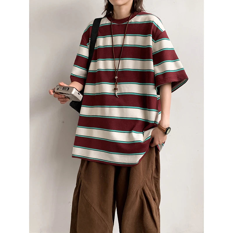 ADVBRIDGE  -  Heavy Cotton Men's Short Sleeve T Shirt Striped Summer Cotton Bottom Shirt Half Sleeve Long Fleece Cotton T Shirt Q250